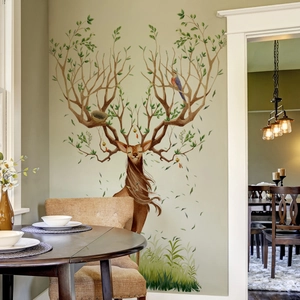 Nordic style self-adhesive deer wall sticker with green leaves and bird for home decor