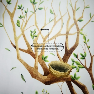 Detailed macro view of watercolor tree branches and leaves with bird nest wall decal