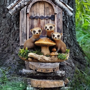 Erdmännchen und Pilz Gartenfigur aus Harz mit Baumstumpf für die Außendekoration im Garten