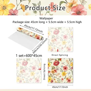 Size chart showing 45x600cm wallpaper roll with floral pattern and splicing guide
