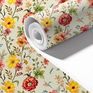 Macro shot of floral wallpaper with textured fabric finish and colorful birds design