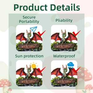 Detail view of waterproof PVC dragon garden sign with sun protection and welcome text