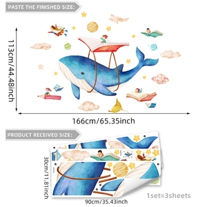 Watercolor whale and stars wall stickers for kids room decor with 166x113cm layout