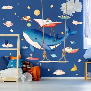Watercolor blue whale and fantasy stars wall decals for children's bedroom decor