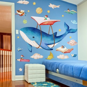 Cartoon Whale Undersea Animal Wall Stickers For Kids Room Bedroom PVC Clouds Planets Self Adhesive Decorative Wall Decals
