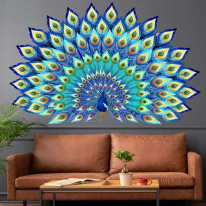 Large colorful peacock wall decal for living room decoration on grey wall surface