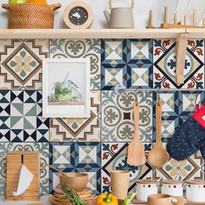 Mediterranean style self-adhesive tile stickers for kitchen walls with vintage patterns