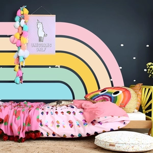 Large colorful rainbow wall stickers for nursery and colorful strawberry themed bedding set