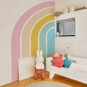 Large macaron pastel rainbow wall sticker for nursery decor in soft interior corner