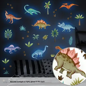 Luminous blue dinosaur wall stickers glowing in dark kids room with detail zoom