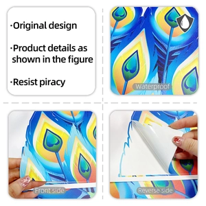 Detailed view of peacock feather wall decal showing waterproof PVC texture and double-sided design