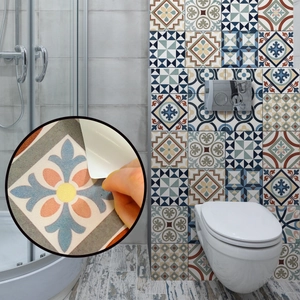 Detail showing adhesive backing removal on Mediterranean waterproof tile stickers