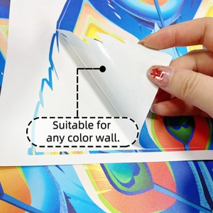Close-up of peeling colorful peacock feather wall sticker with self-adhesive backing