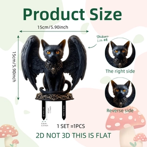 Gothic black winged cat garden stake decoration with skull pendant, 15x15cm 2D PVC design