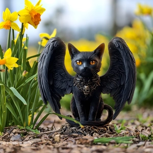Gothic black winged cat statue with detailed feathers on an ornate pedestal in garden