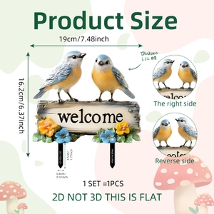 Garden welcome sign stake with blue birds and floral design, size 19cm x 16.2cm