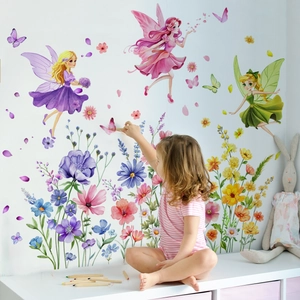 Zauberhafte Fee und Blumen Wandtattoo für das Kinderzimmer, bunte florale Wanddekoration