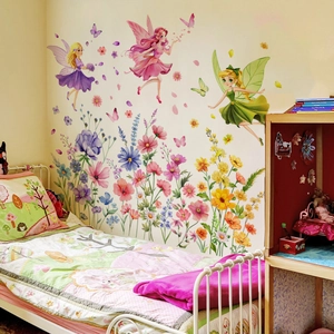 Wandtattoo Blumenfee mit Schmetterlingen und bunten Blumen für Schlafzimmer Dekoration