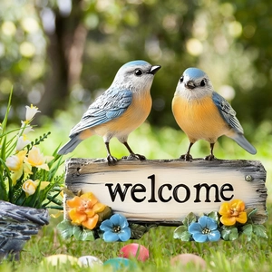 PVC garden welcome stake with two lifelike blue and yellow birds on realistic wood sign