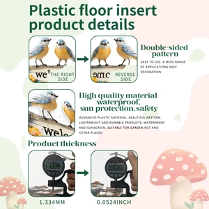 Detail of PVC welcome garden stake showing 1.3mm thickness and double-sided bird print