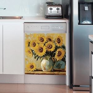 Magnetic dishwasher cover with classic sunflower oil painting for kitchen appliance decor