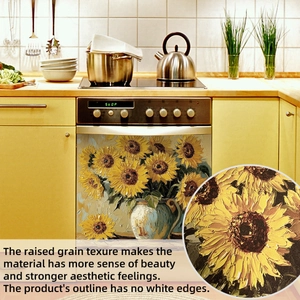 Detail view of sunflower kitchen appliance decal with embossed texture and yellow floral design
