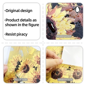 Detail of oil painting sunflower stickers featuring waterproof surface and self-adhesive backing