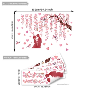 Creative love heart tree wall sticker set with birds and flowers in red and pink colors