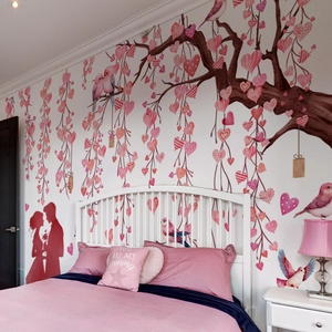 Romantic heart tree wall sticker with pink birds and couple silhouette decor