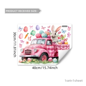 Easter wall decal dimensions 40x30cm showing vintage truck, bunny, and floral patterns