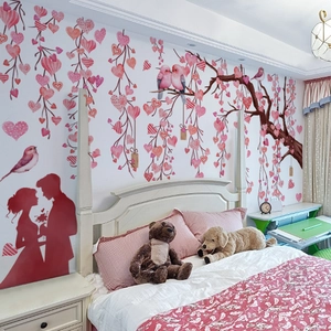Romantic heart tree wall decals with birds and couple silhouette in a bedroom setup