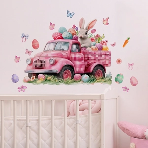 Easter wall sticker showing a pink plaid truck with cute bunny and colorful eggs