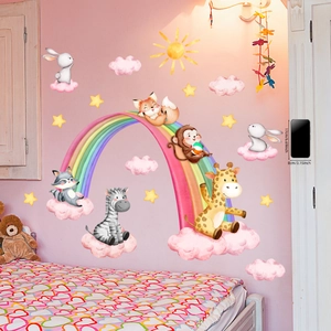 Cartoon animals rainbow wall stickers for nursery decor featuring giraffe and zebra