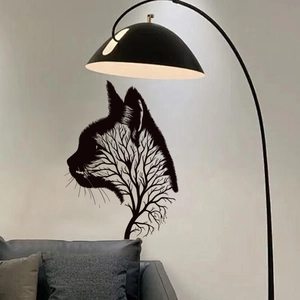 Artistic cat silhouette with tree elements wall decal for living room decoration