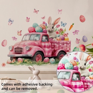 Detail of Easter wall stickers with adhesive backing featuring watercolor rabbits and flowers