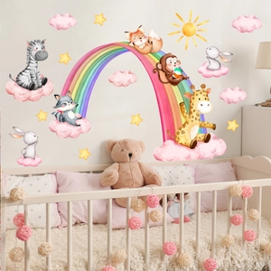 Cartoon animals rainbow wall decals for nursery with zebra fox and giraffe