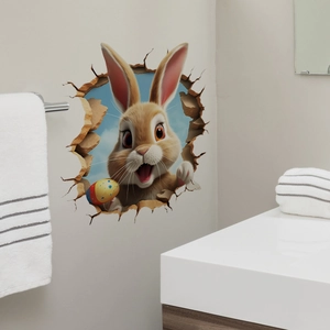 3D cartoon Easter bunny wall sticker showing a rabbit holding eggs on a bathroom wall