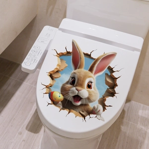 3D Easter bunny and colorful egg sticker with cracked wall effect on toilet lid