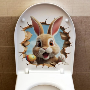 Detailed 3D Easter bunny wall sticker with colorful eggs on a white ceramic toilet lid