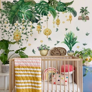 Tropical monstera leaves wall stickers with hanging lanterns and stars for nursery decor