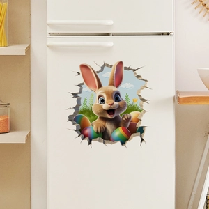 3D Easter bunny wall sticker featuring colorful eggs and floral scene on white fridge
