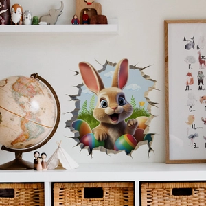 3D Easter bunny wall sticker with colorful eggs and a cute rabbit appearing from a wall crack