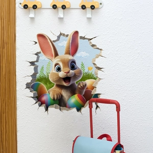 3D Easter bunny decal on wall with colorful eggs and a scenic landscape detail
