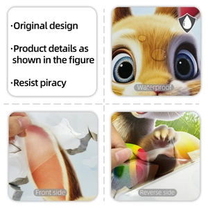 Waterproof double-sided PVC sticker detail with vibrant cartoon squirrel and flower pattern