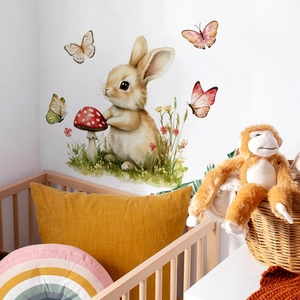 Nursery wall sticker set with watercolor rabbit, mushroom and colorful butterflies
