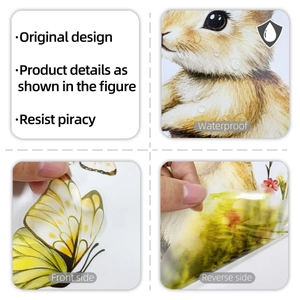 Close-up of waterproof Easter stickers showing rabbits, butterflies, and flowers detail