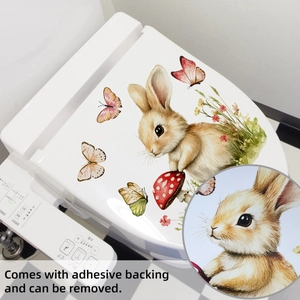 Adhesive toilet lid decal featuring watercolor Easter rabbits and mushrooms