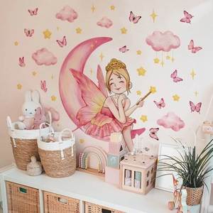 Stickers muraux fée sur lune avec étoiles et papillons pour décor de chambre de fille