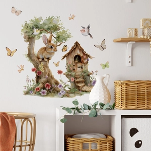 Watercolor forest animal wall decals featuring a bunny treehouse and colorful butterflies