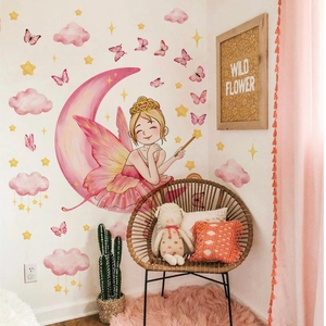 Stickers muraux fée sur lune avec étoiles et papillons pour chambre d'enfant